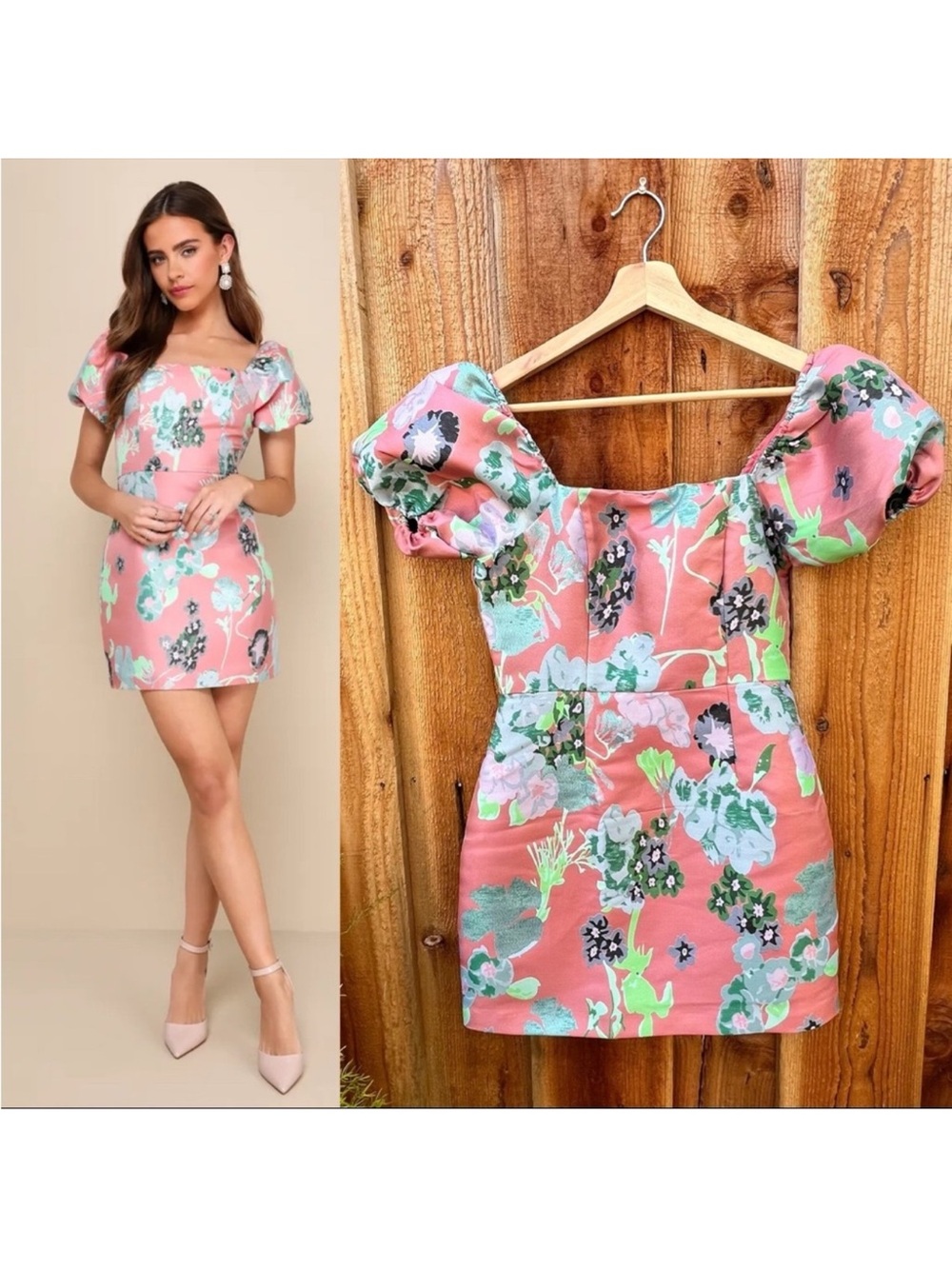 Coral Pink Multi Floral Jacquard Puff Sleeve Mini Dress 🌿